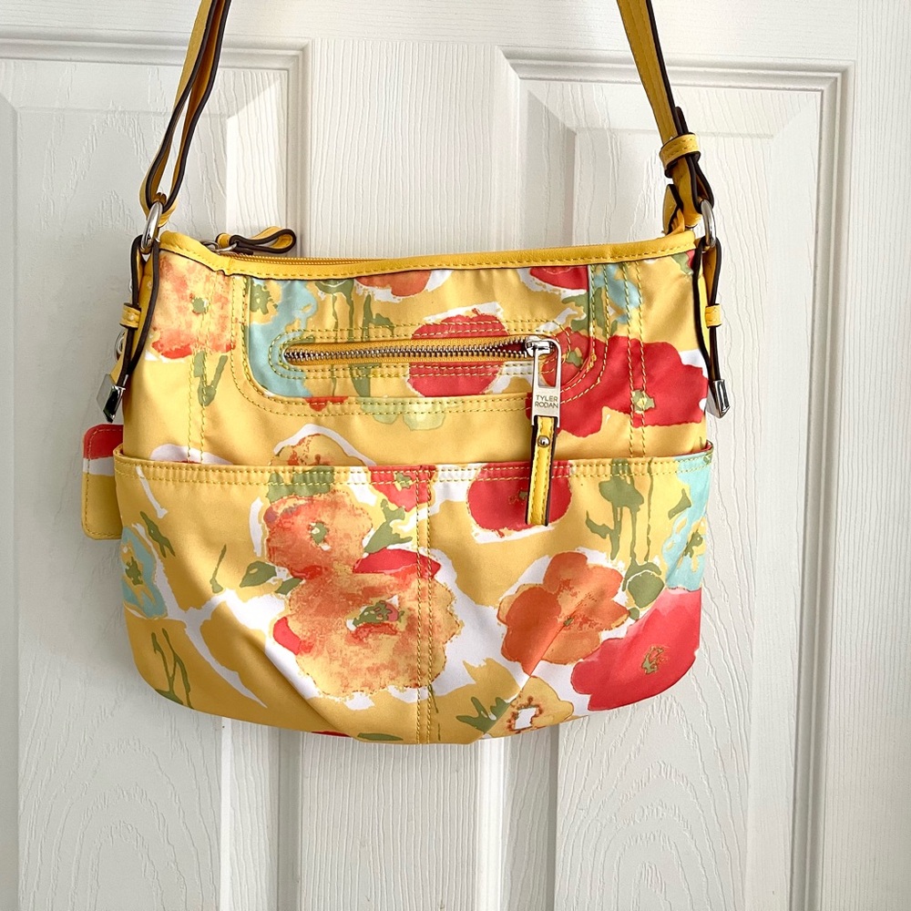 Tyler Rodan yellow floral cross body bag with lots of pockets